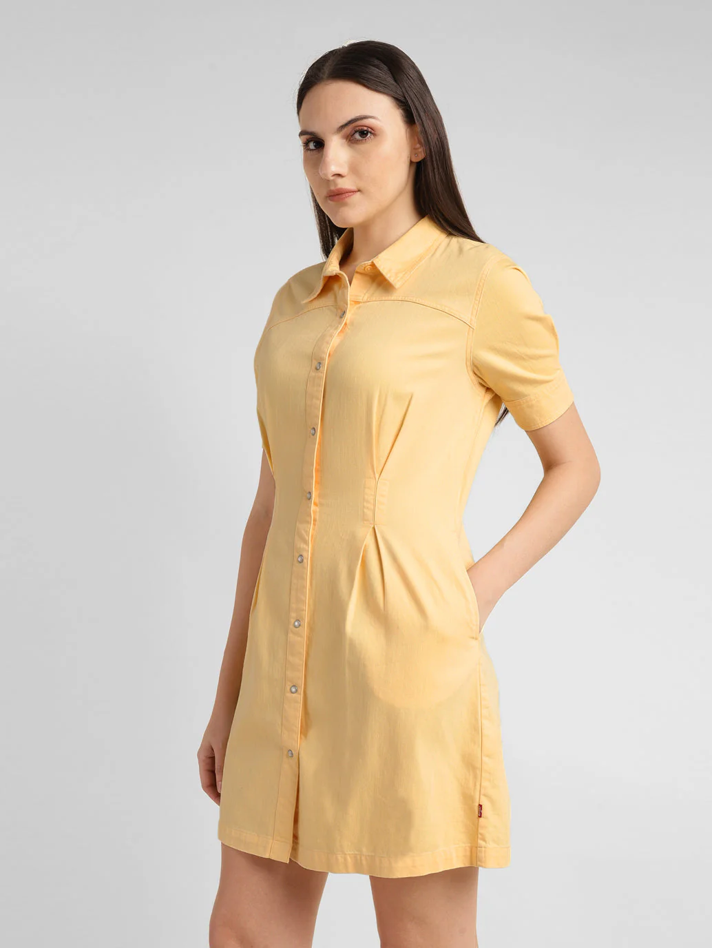 Women's Solid Yellow Spread Collar Dress - Image 5