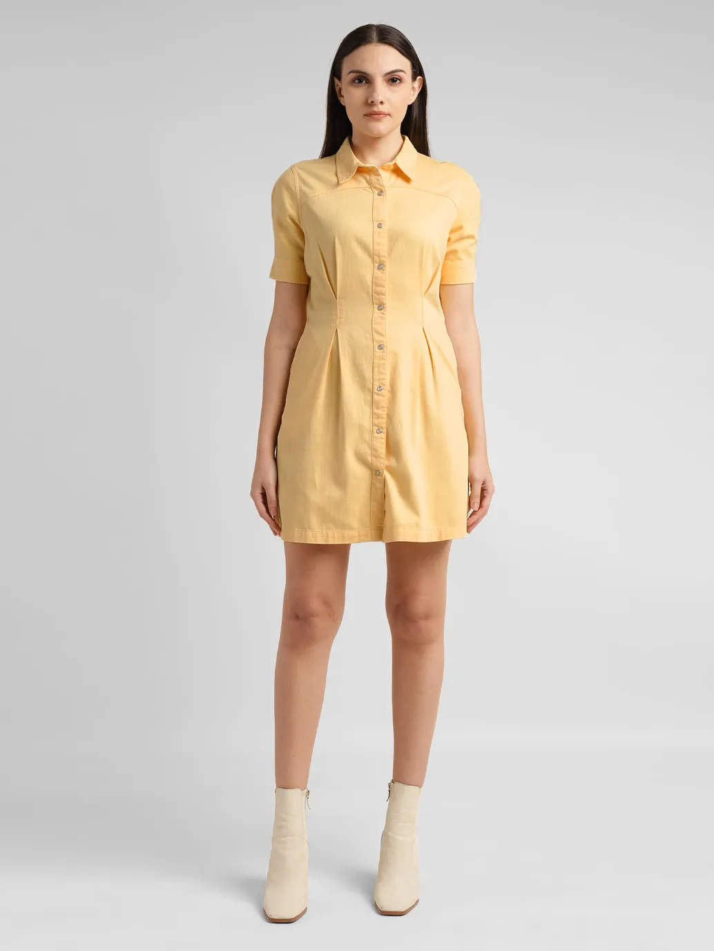 Women's Solid Yellow Spread Collar Dress - Image 6