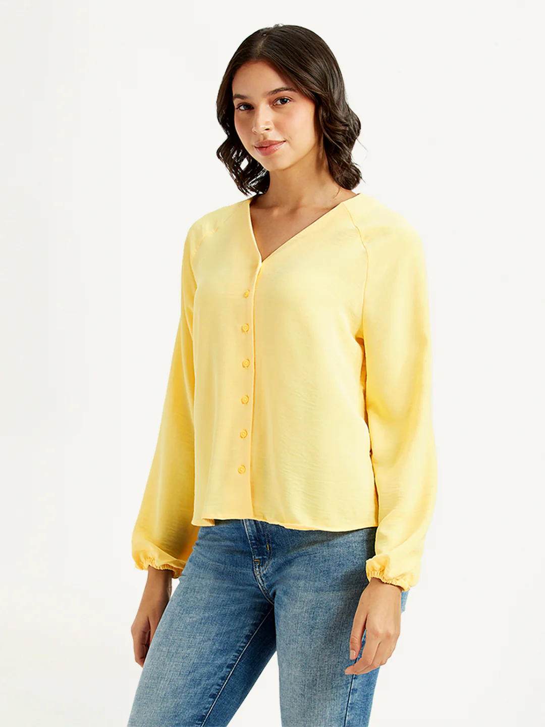 Women's Solid Yellow V Neck Top - Image 4