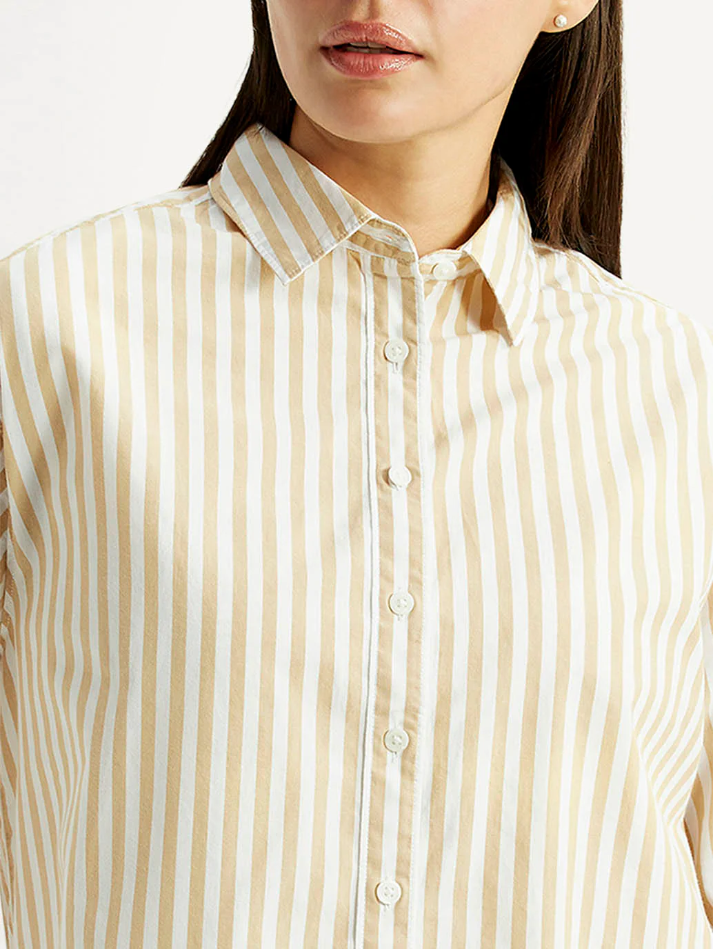 Women's Striped Beige Relaxed Fit Poplin Shirt - Image 4