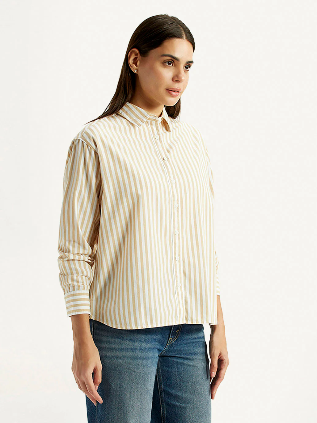 Women's Striped Beige Relaxed Fit Poplin Shirt - Image 5