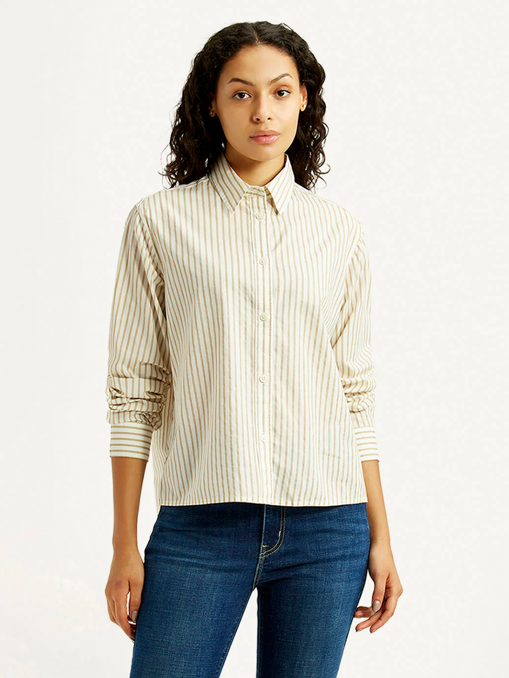 Women's Striped Beige Relaxed Fit Poplin Shirt - Image 2