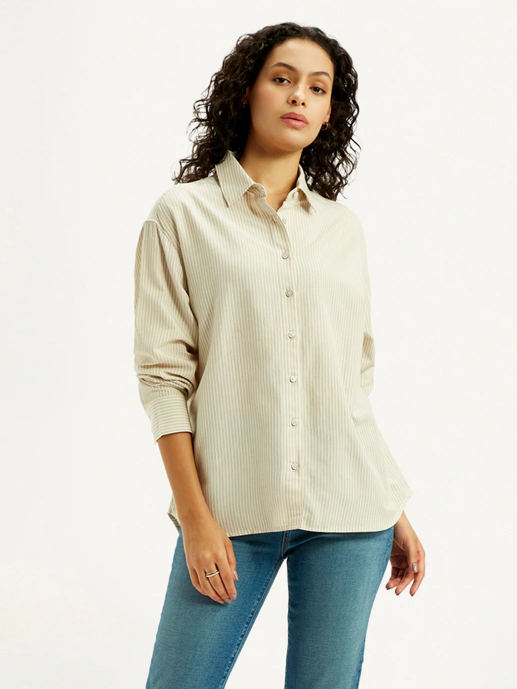 Women's Striped Beige Relaxed Fit Shirt - Image 2
