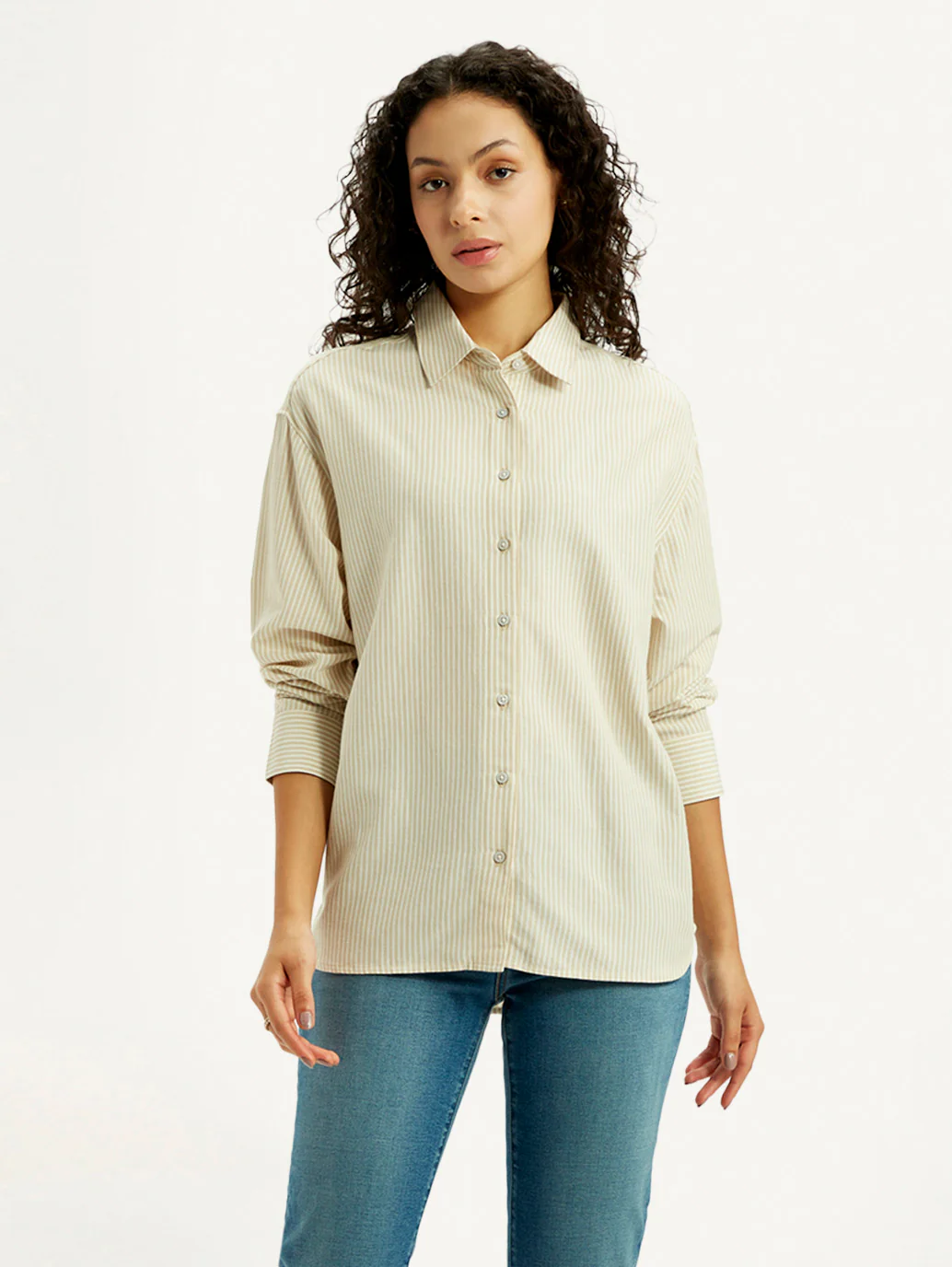 Women's Striped Beige Relaxed Fit Shirt - Image 3