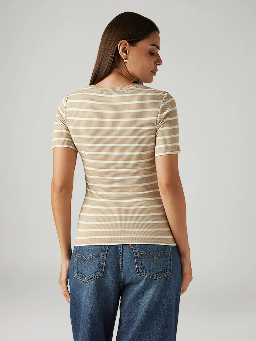 Women's Striped Beige Slim Fit T-shirt - Image 2