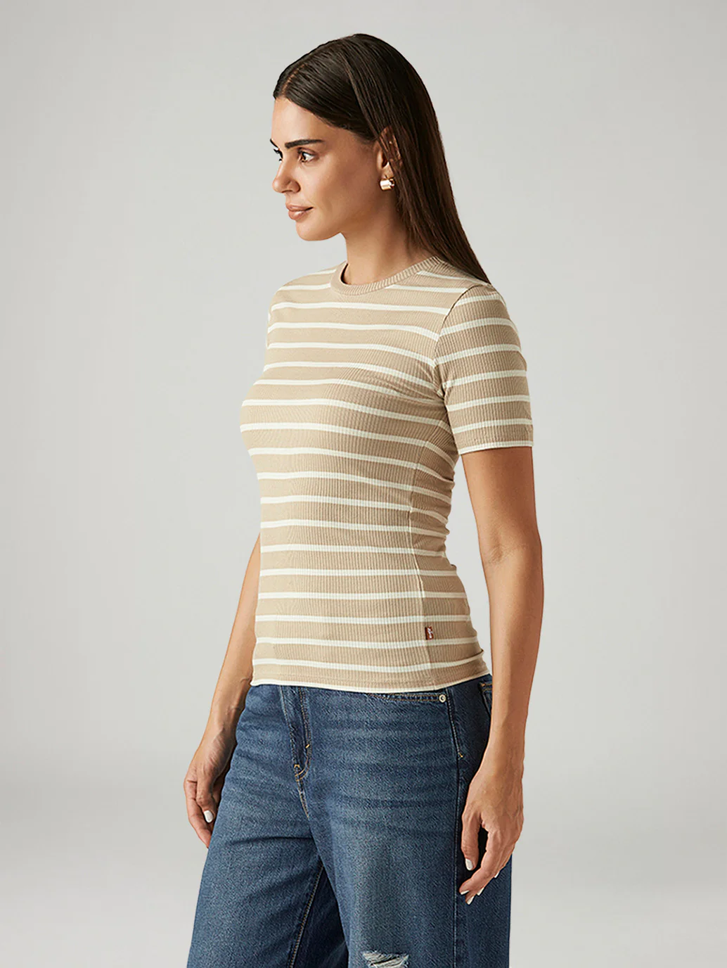 Women's Striped Beige Slim Fit T-shirt - Image 4