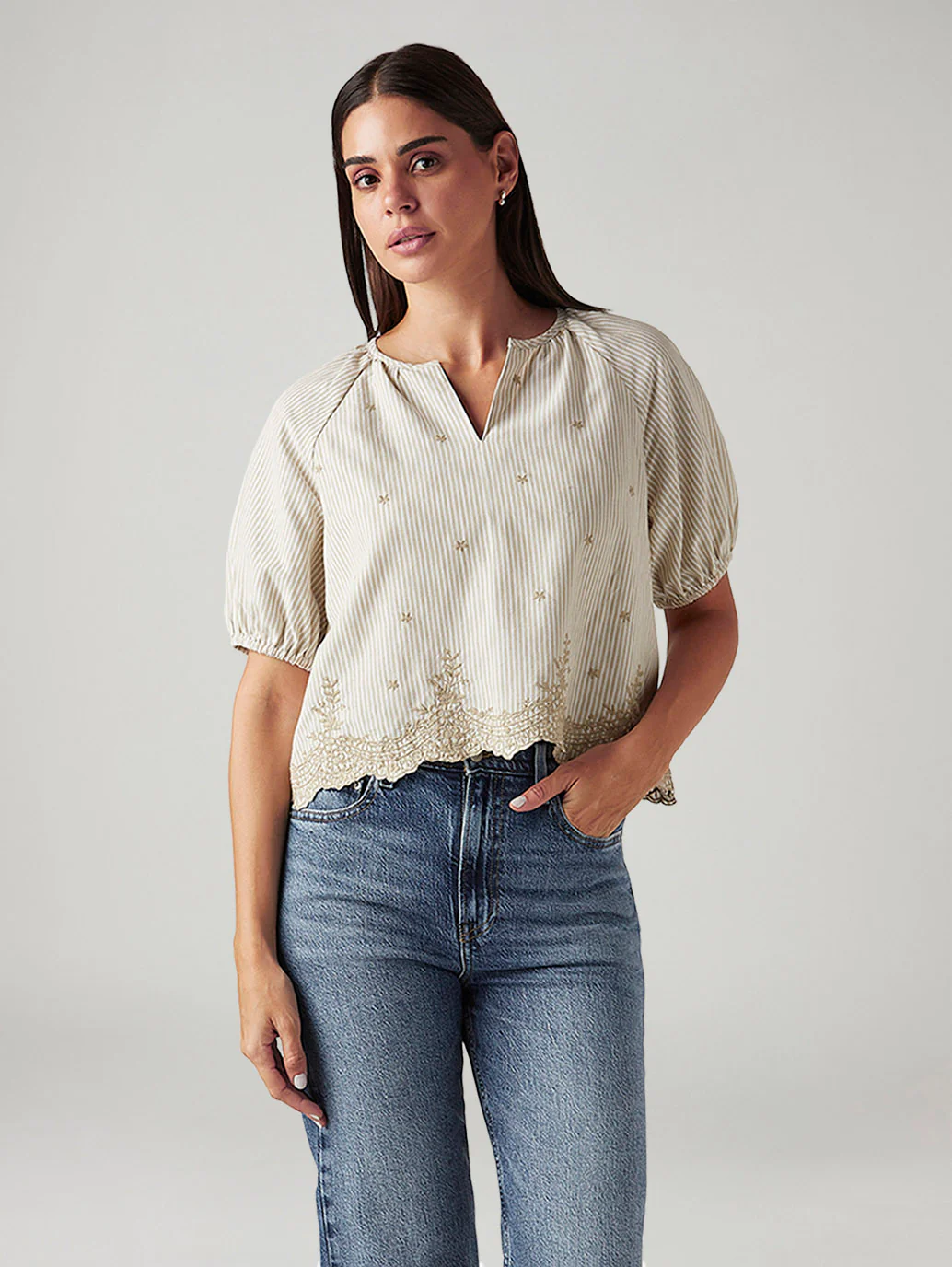 Women's Striped Beige V-Neck Top