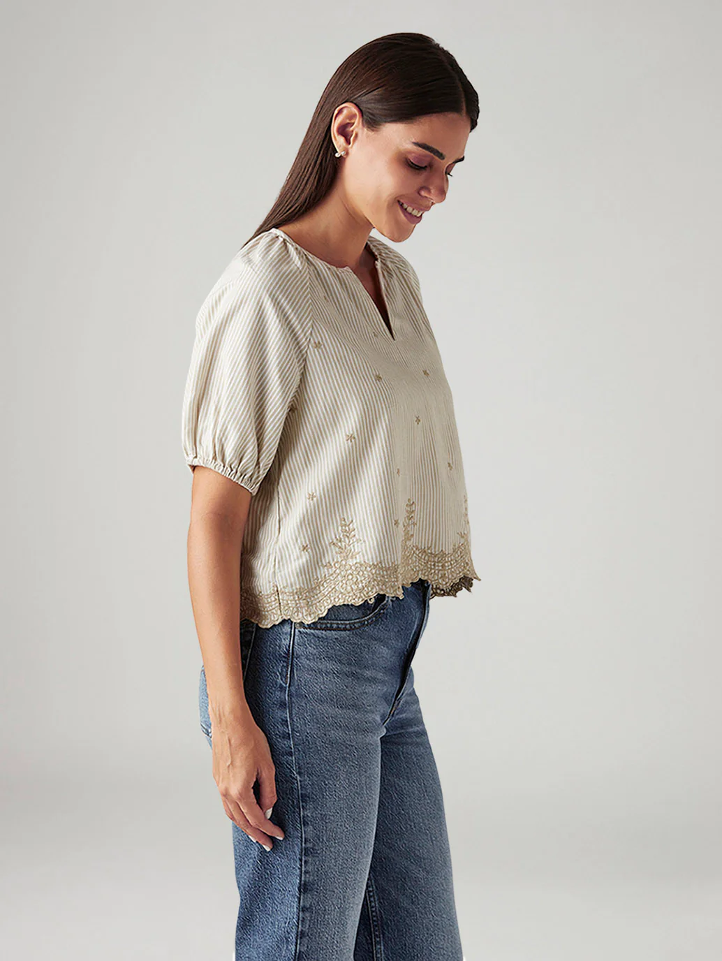 Women's Striped Beige V-Neck Top - Image 5