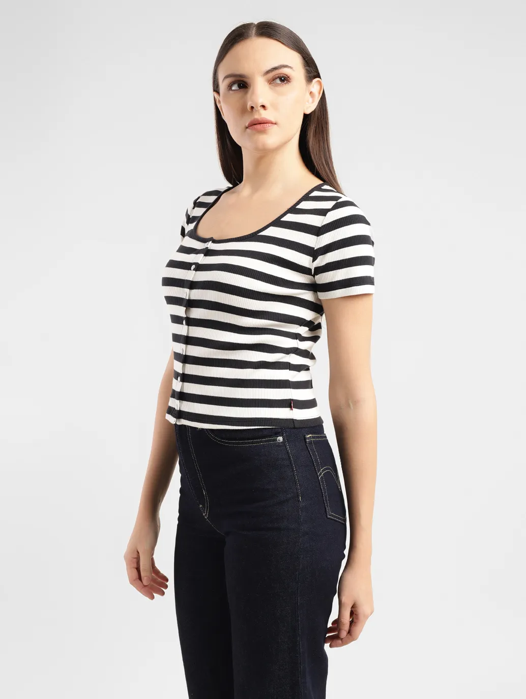 Women's Striped Black And White Scoop Neck Top - Image 3