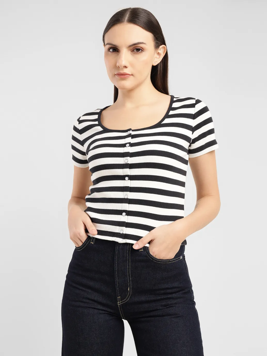 Women's Striped Black And White Scoop Neck Top - Image 4