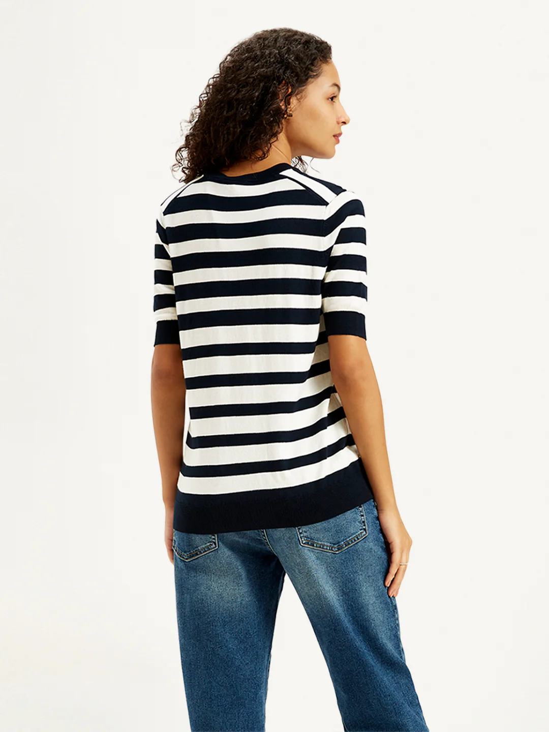 Women's Striped Black Crew Neck Sweater - Image 3