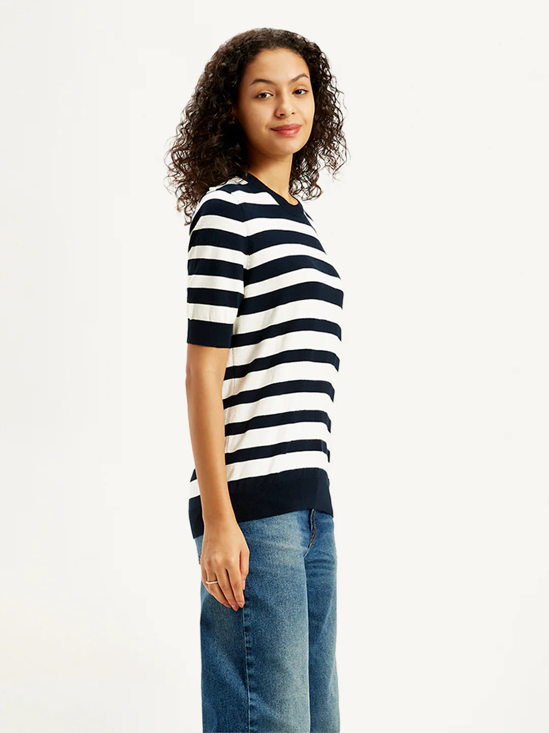 Women's Striped Black Crew Neck Sweater - Image 4