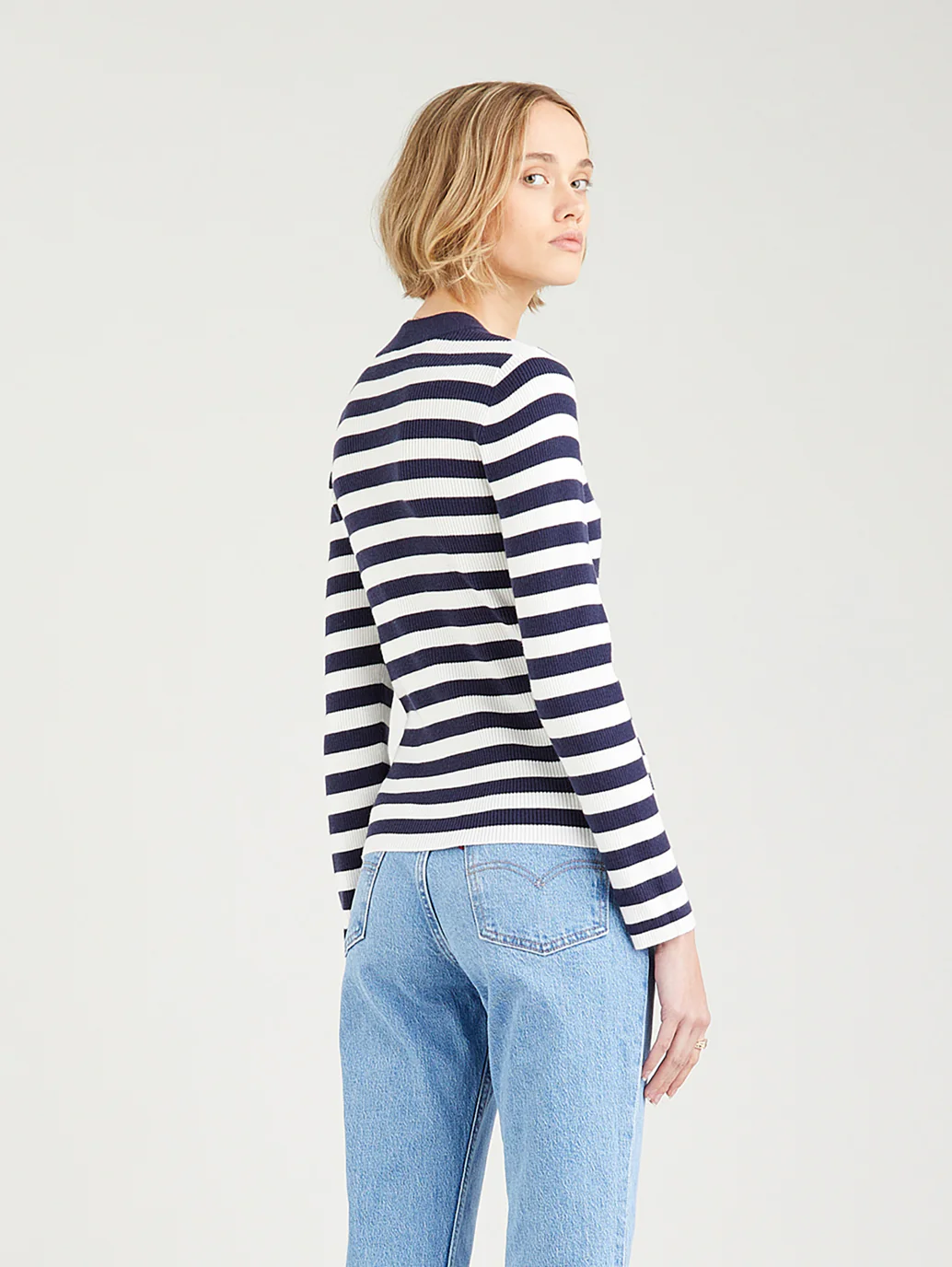 Women's Striped Navy Blue Crew Neck Sweater - Image 3