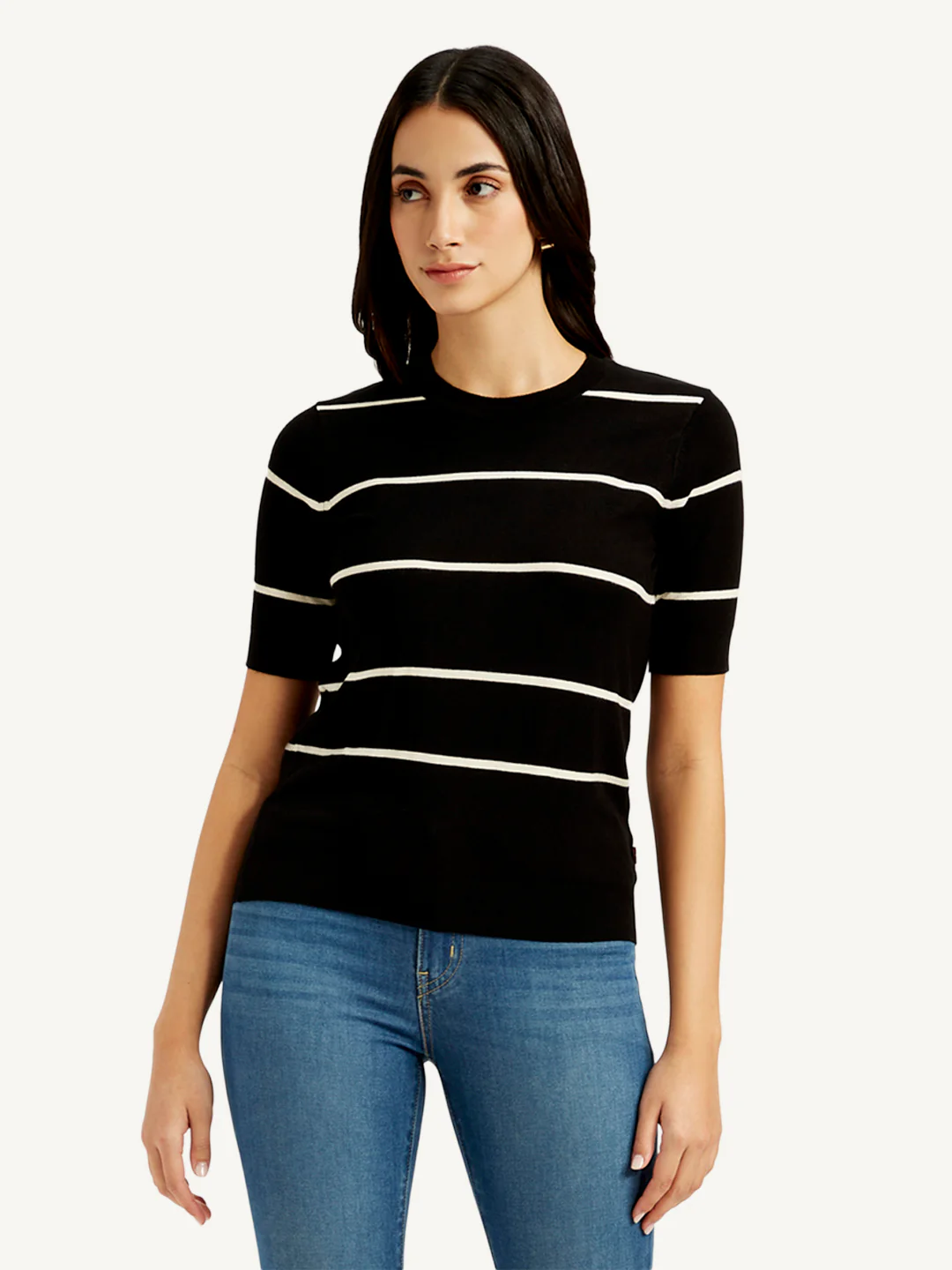 Women's Striped Black Crew Neck Top - Image 2