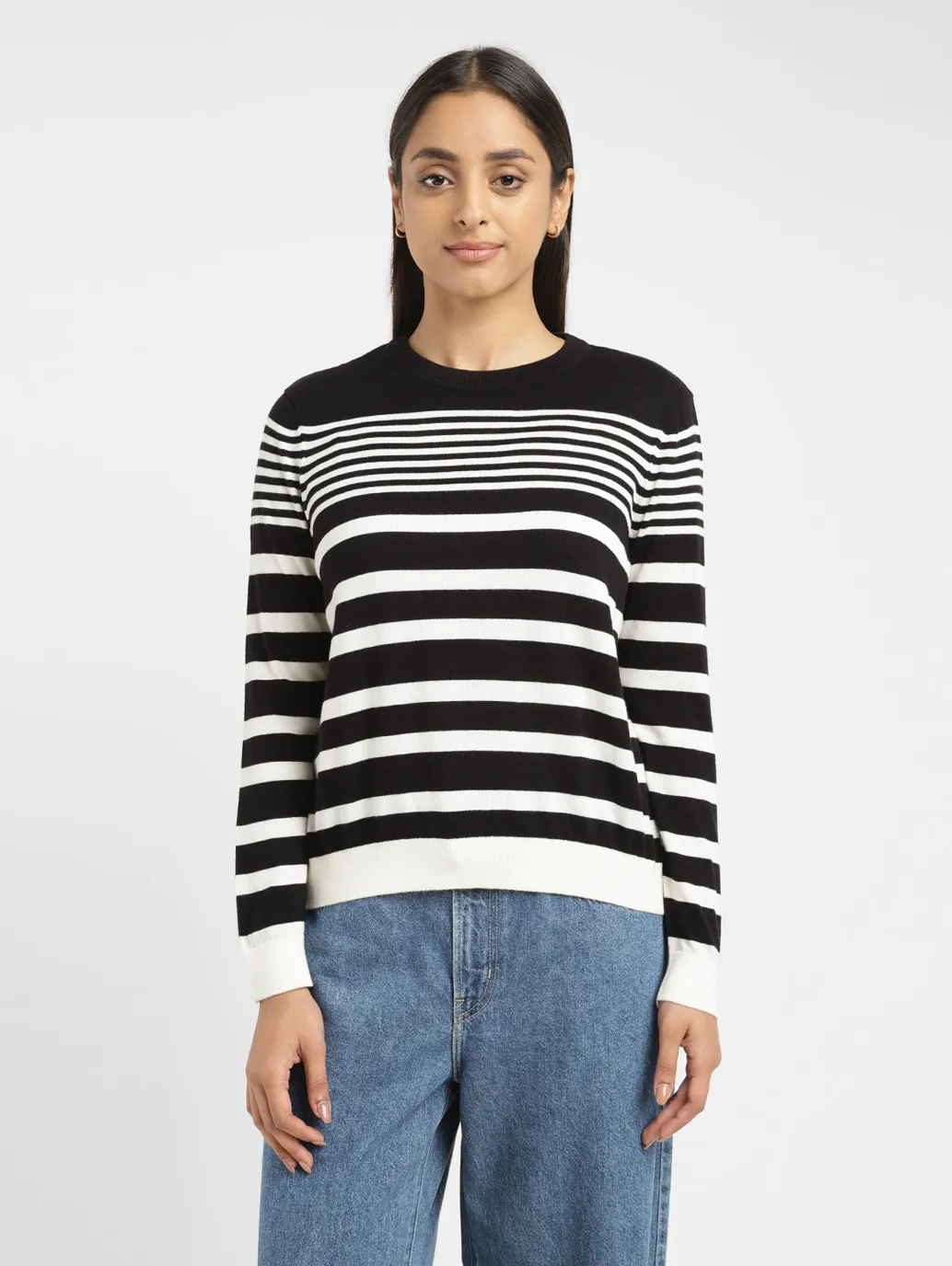 Women's Striped Black Round Neck Sweater - Image 2