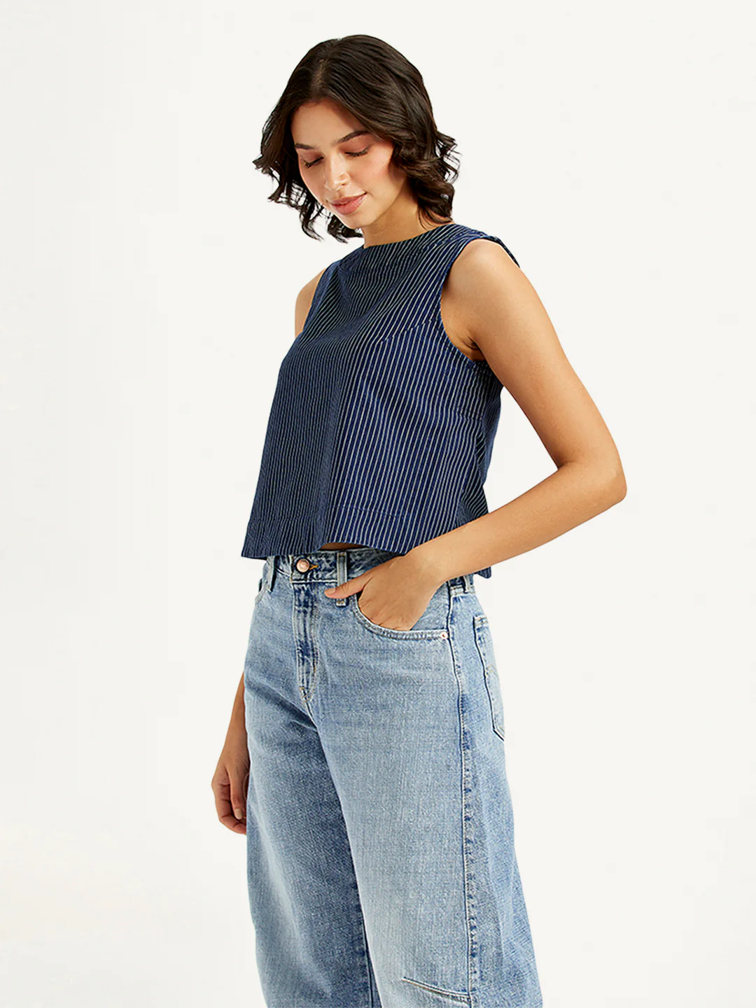 Women's Striped Blue Boat Neck Top - Image 3