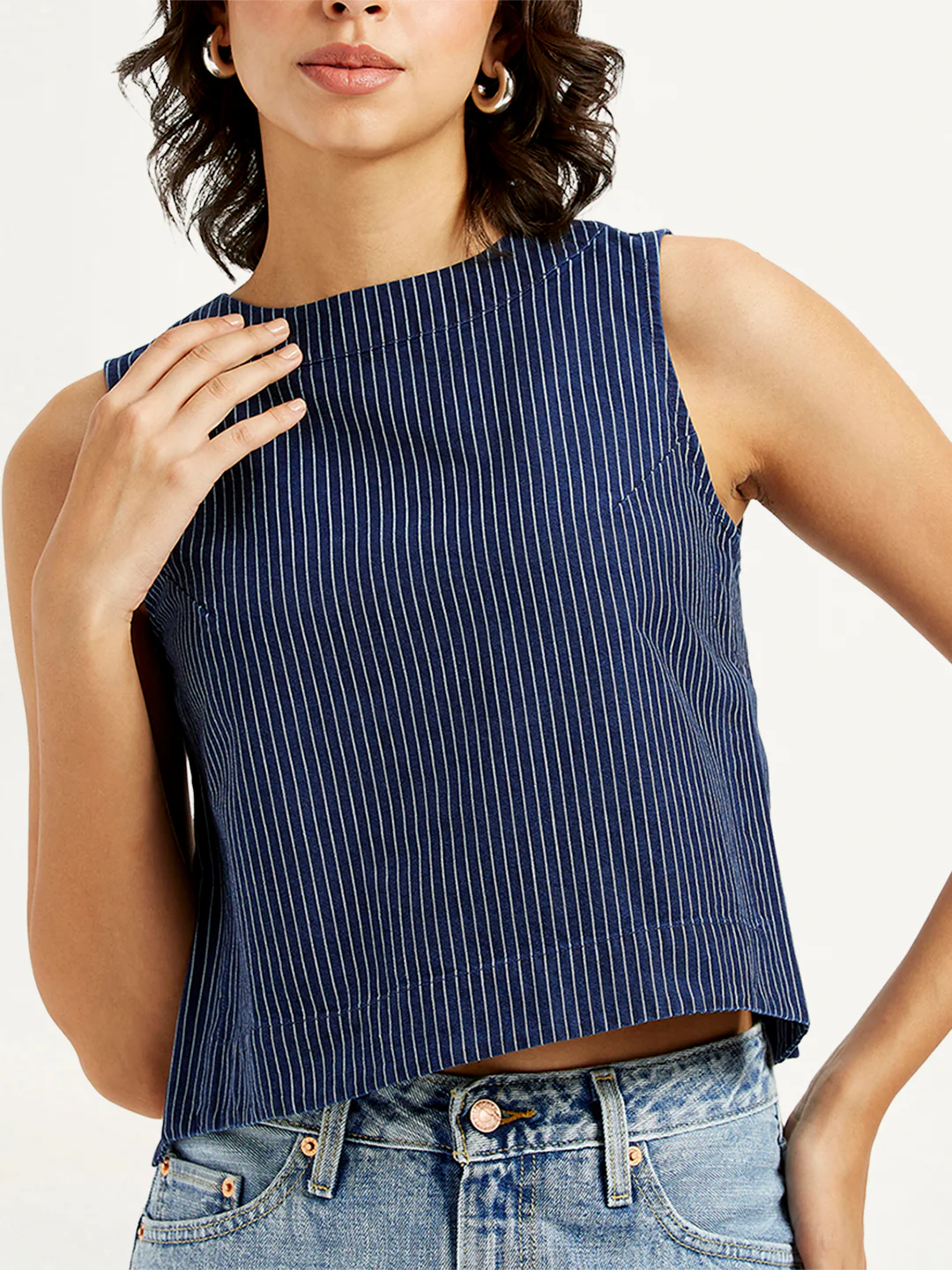 Women's Striped Blue Boat Neck Top - Image 4