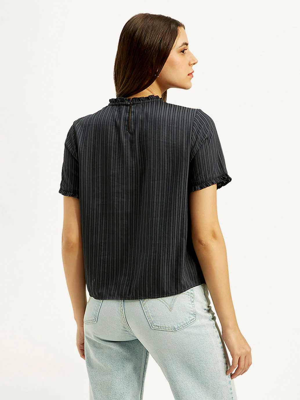 Women's Striped Charcoal Grey Collar Neck Top - Image 3