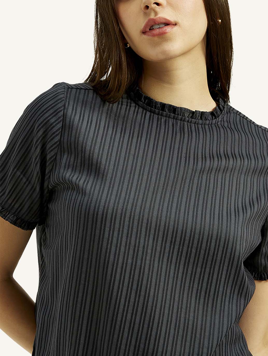 Women's Striped Charcoal Grey Collar Neck Top - Image 4