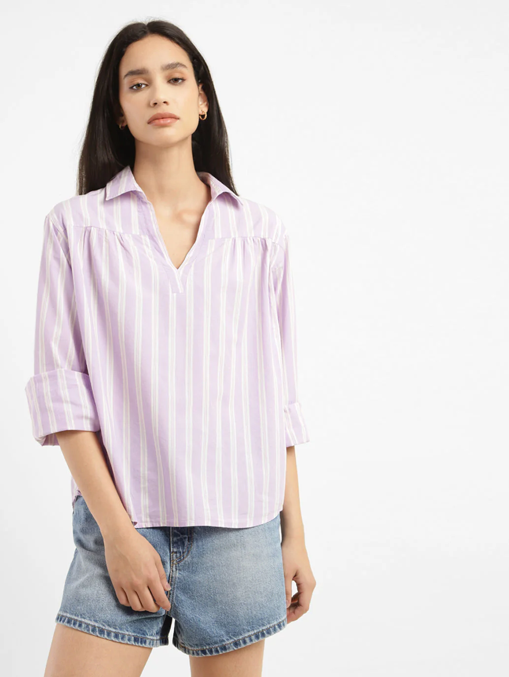 Women's Striped Spread Collar Top - Image 2