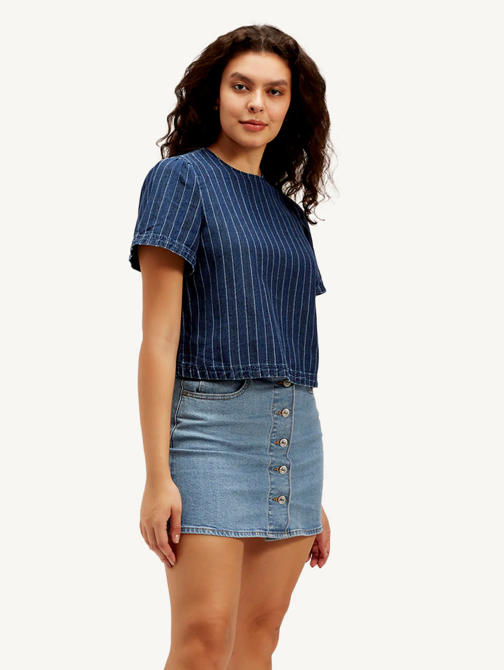 Women's Striped Dark Blue Round Neck Denim Top - Image 4