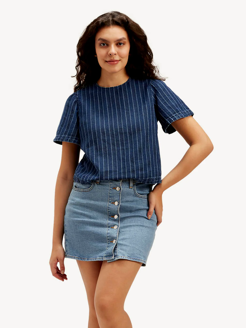 Women's Striped Dark Blue Round Neck Denim Top - Image 5