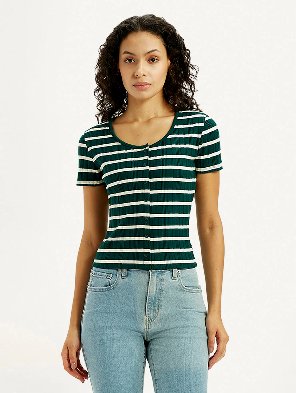 Women's Striped Dark Green Scoop Neck Top - Image 2