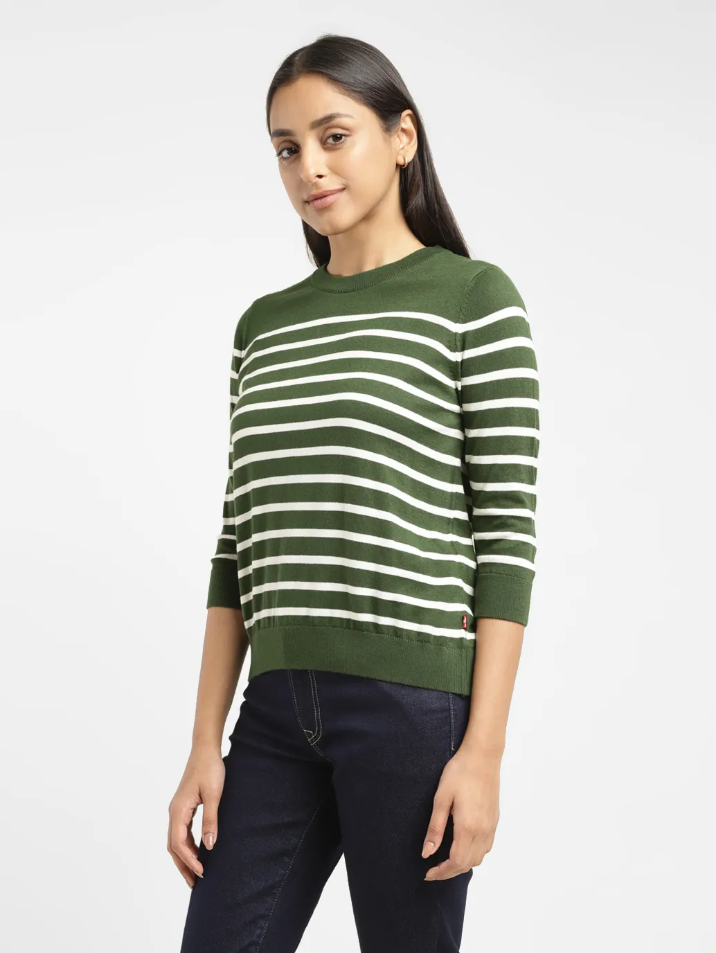 Women's Striped Green Crew Neck Sweater - Image 4