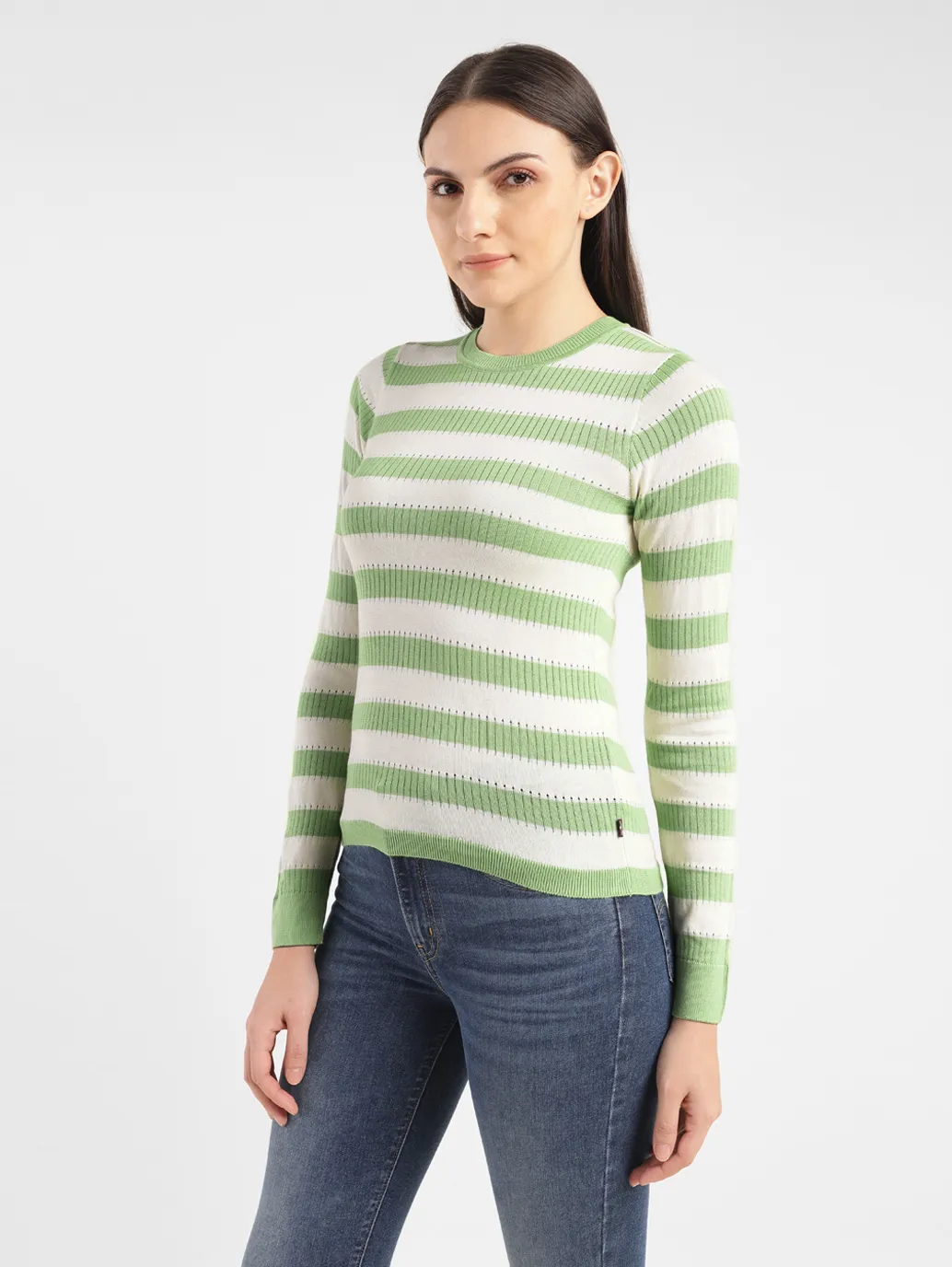Women's Striped Green Crew Neck Sweater - Image 4