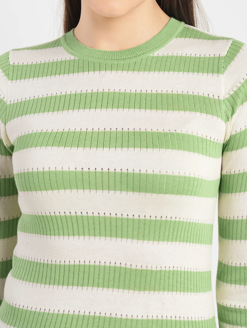Women's Striped Green Crew Neck Sweater - Image 5