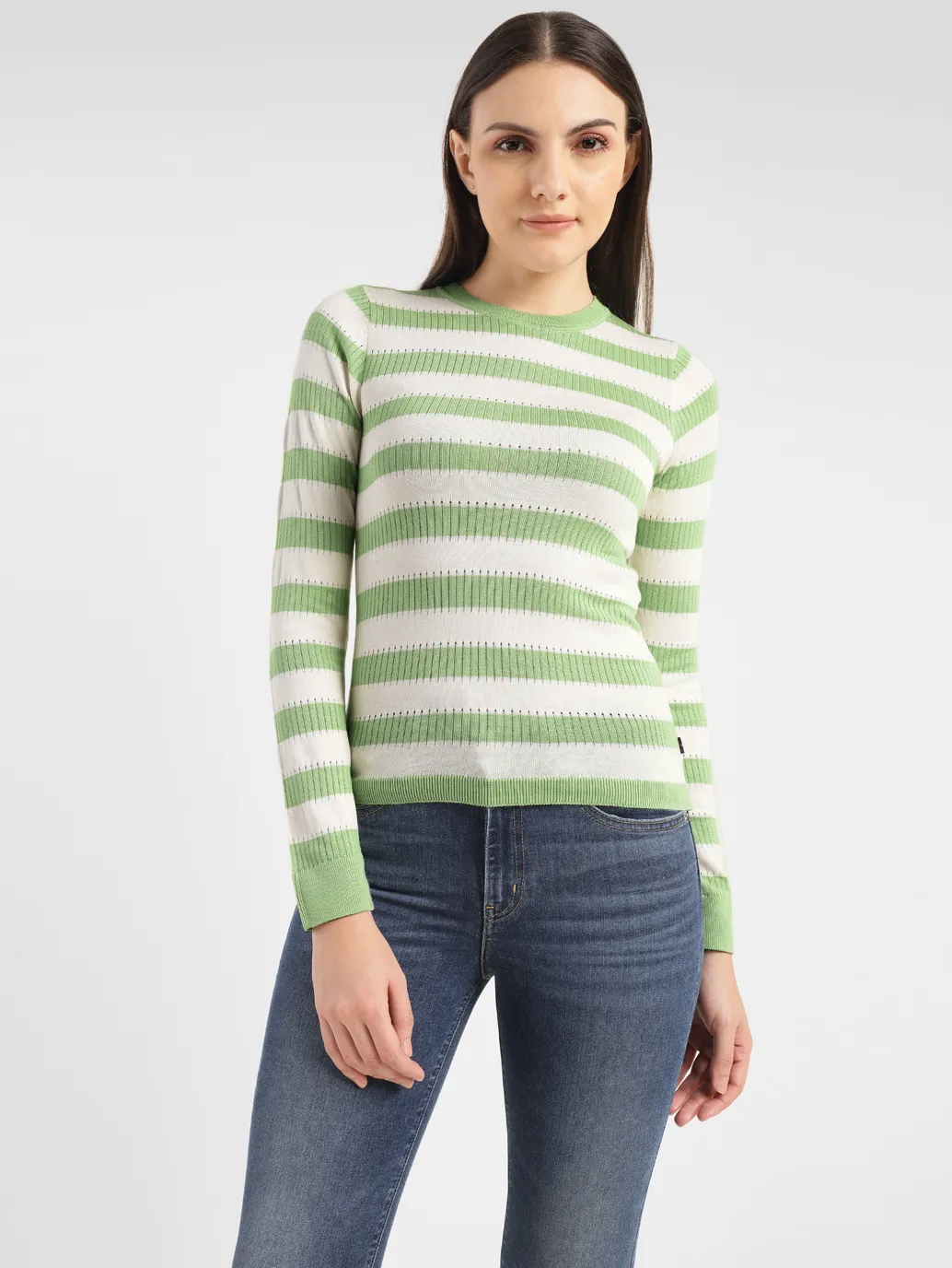 Women's Striped Green Crew Neck Sweater - Image 6