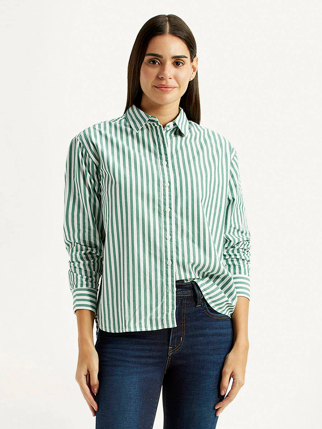 Women's Striped Green Relaxed Fit Poplin Shirt