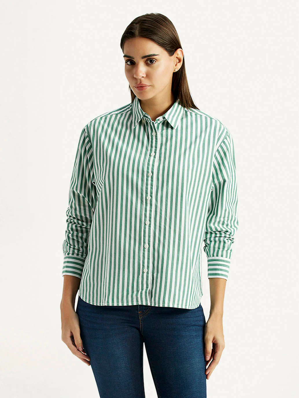 Women's Striped Green Relaxed Fit Poplin Shirt - Image 2