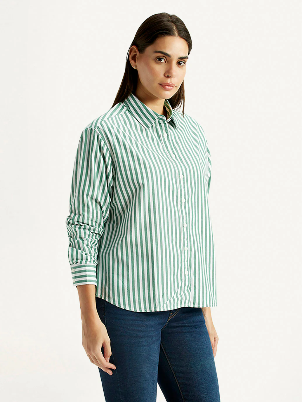 Women's Striped Green Relaxed Fit Poplin Shirt - Image 5