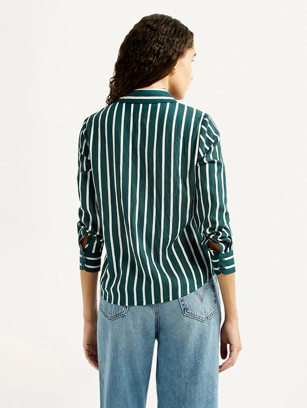 Women's Striped Green Spread Collar Shirt - Image 2