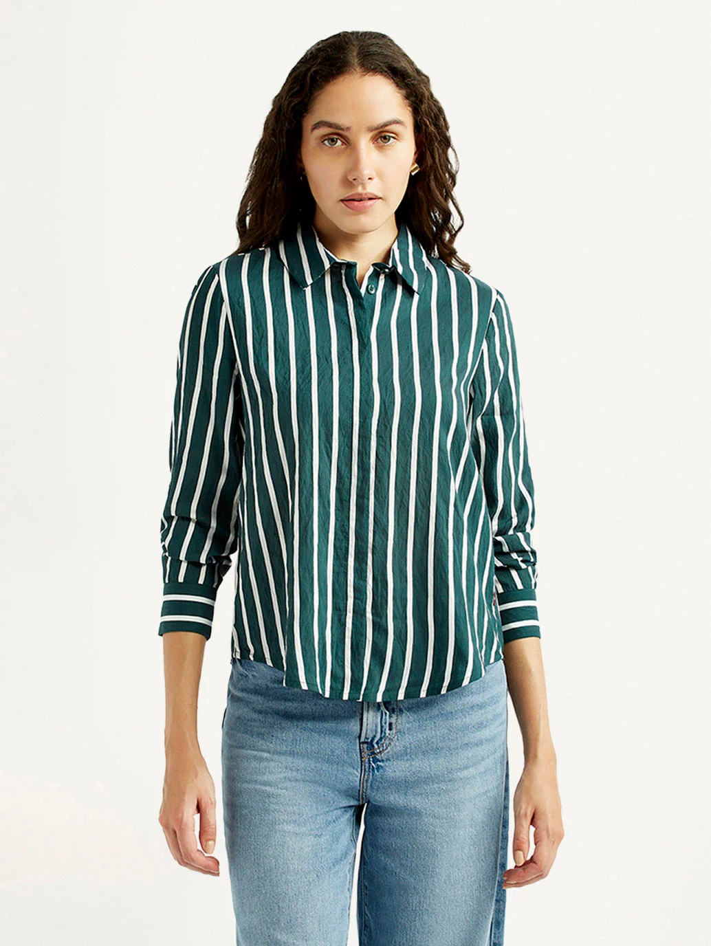 Women's Striped Green Spread Collar Shirt - Image 5
