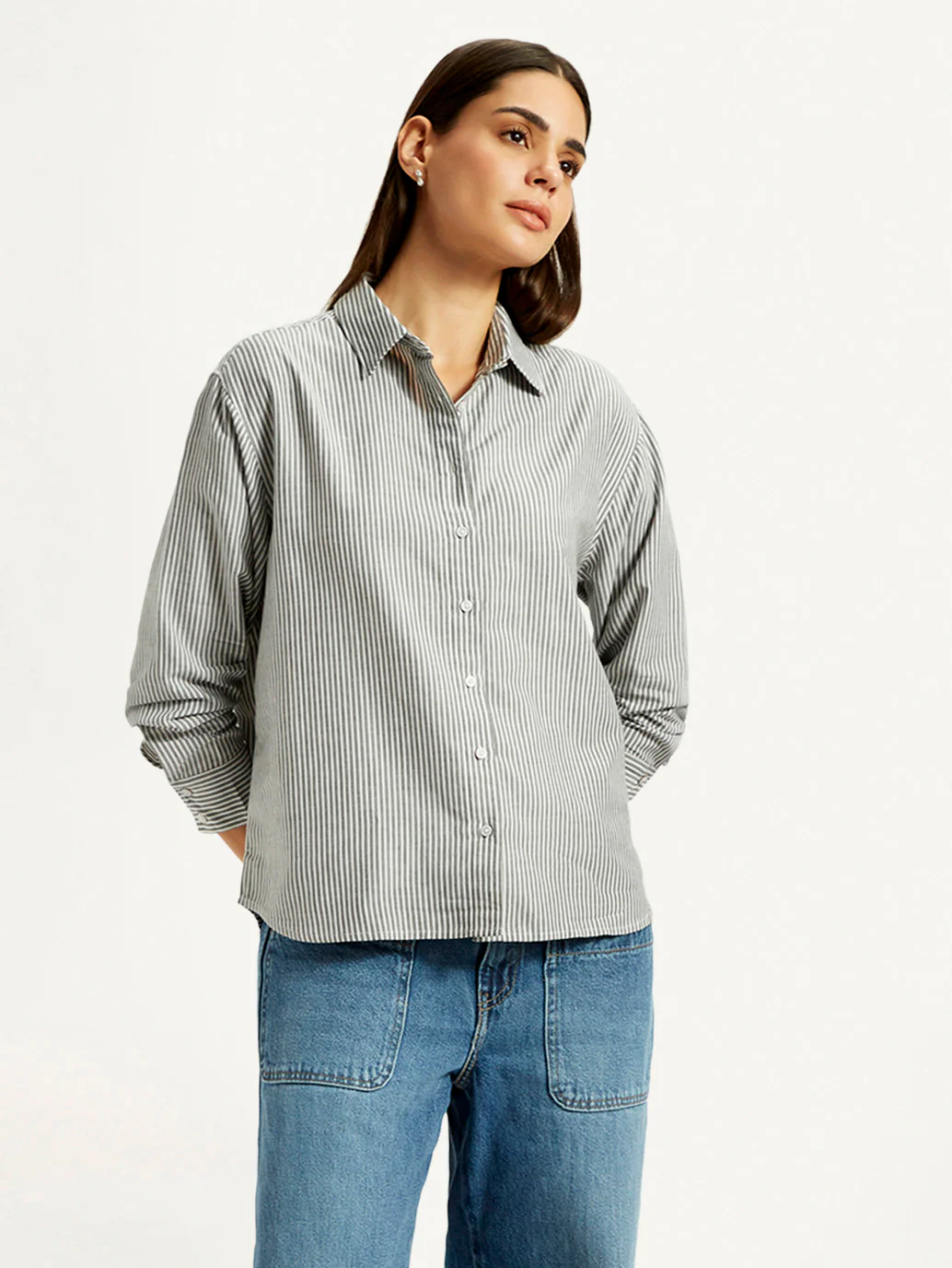 Women's Striped Grey Relaxed Fit Shirt - Image 2