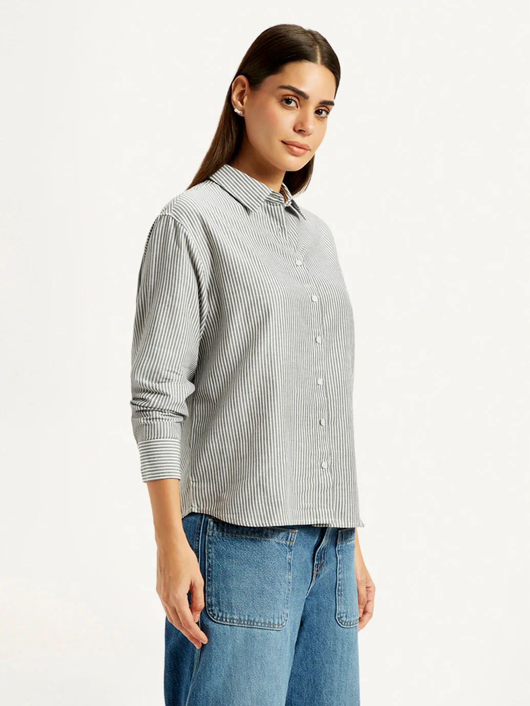 Women's Striped Grey Relaxed Fit Shirt - Image 6