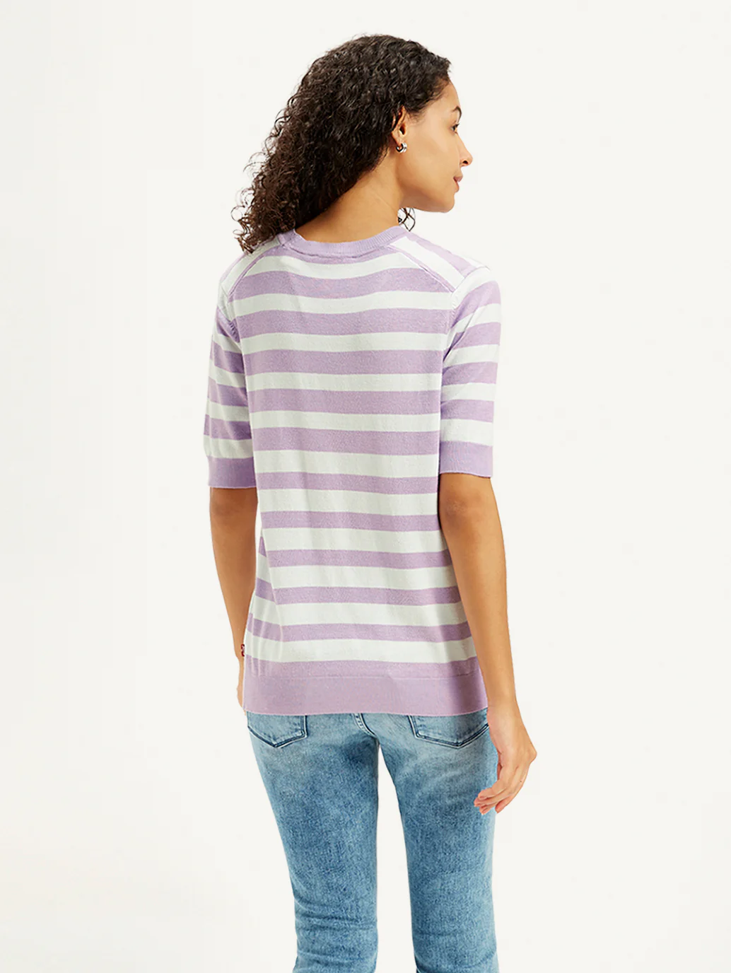 Women's Striped Lavender Crew Neck Sweater - Image 3