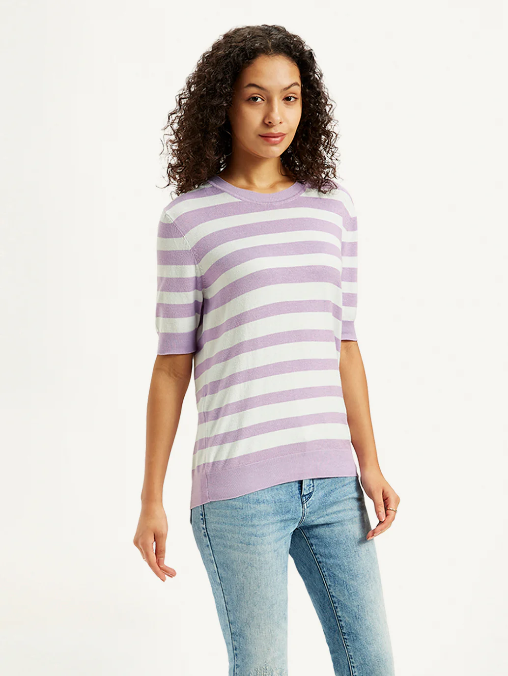 Women's Striped Lavender Crew Neck Sweater - Image 5