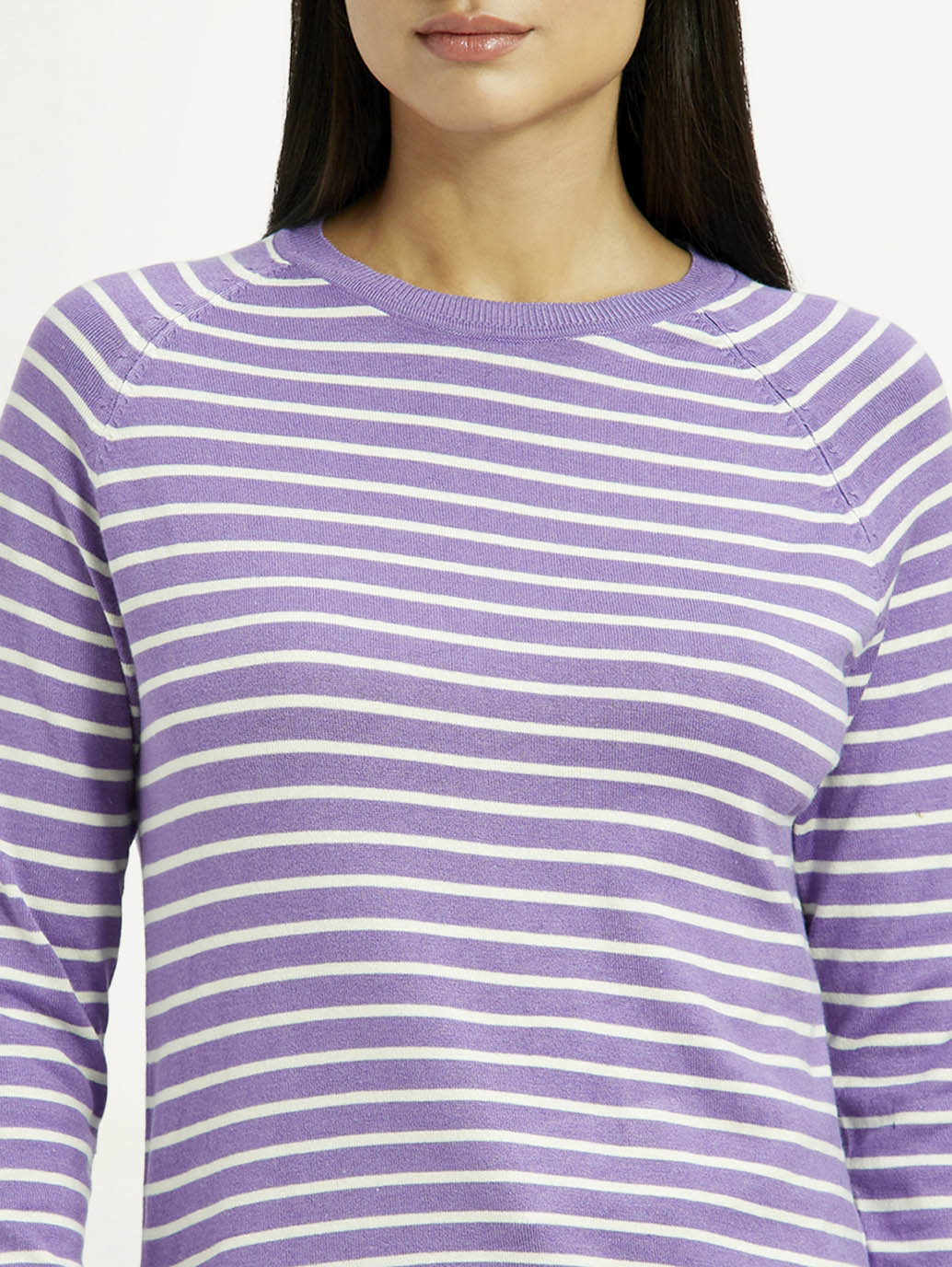 Women's Striped Lavender Crew Neck T-shirt - Image 3