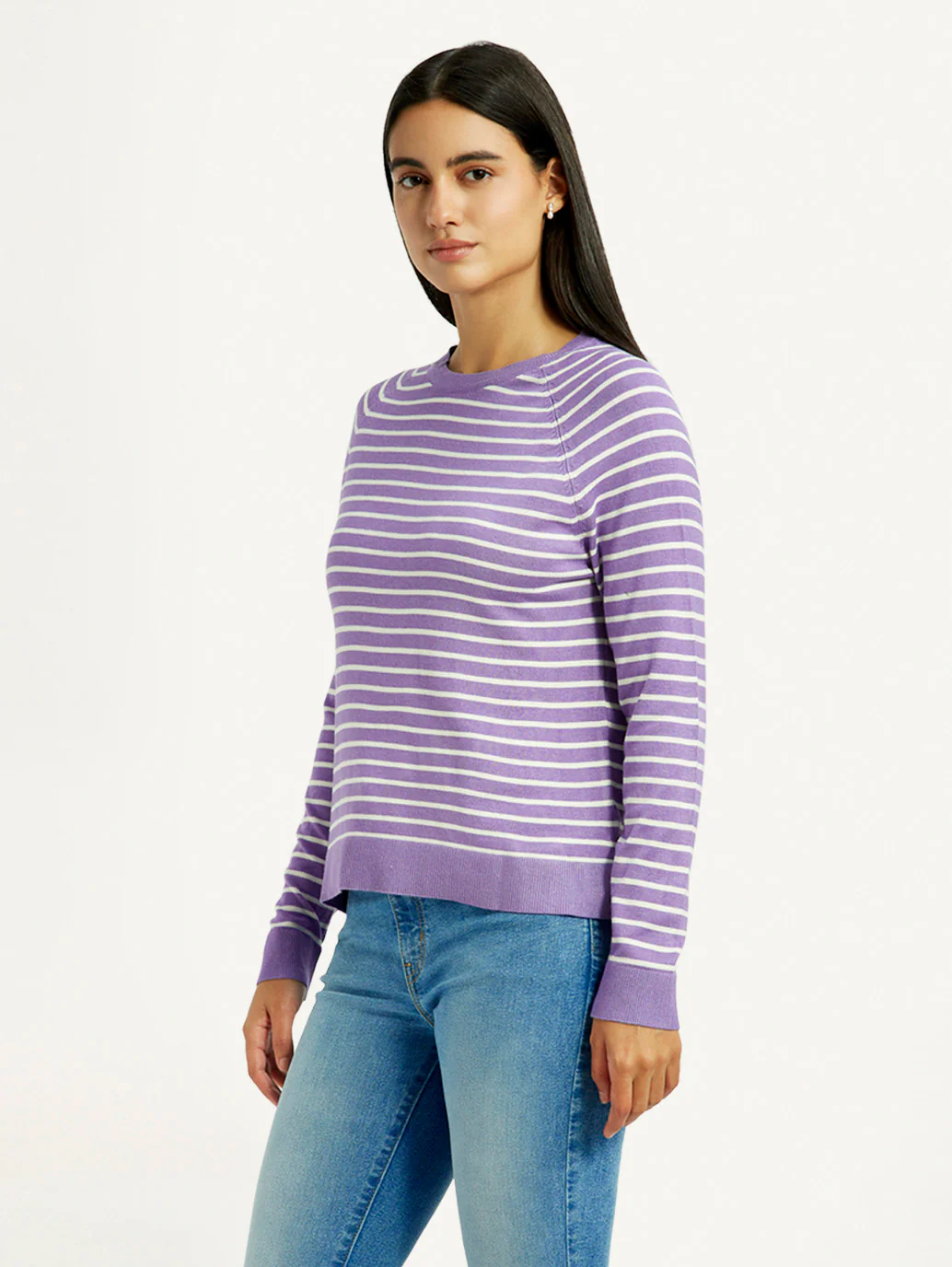 Women's Striped Lavender Crew Neck T-shirt - Image 4