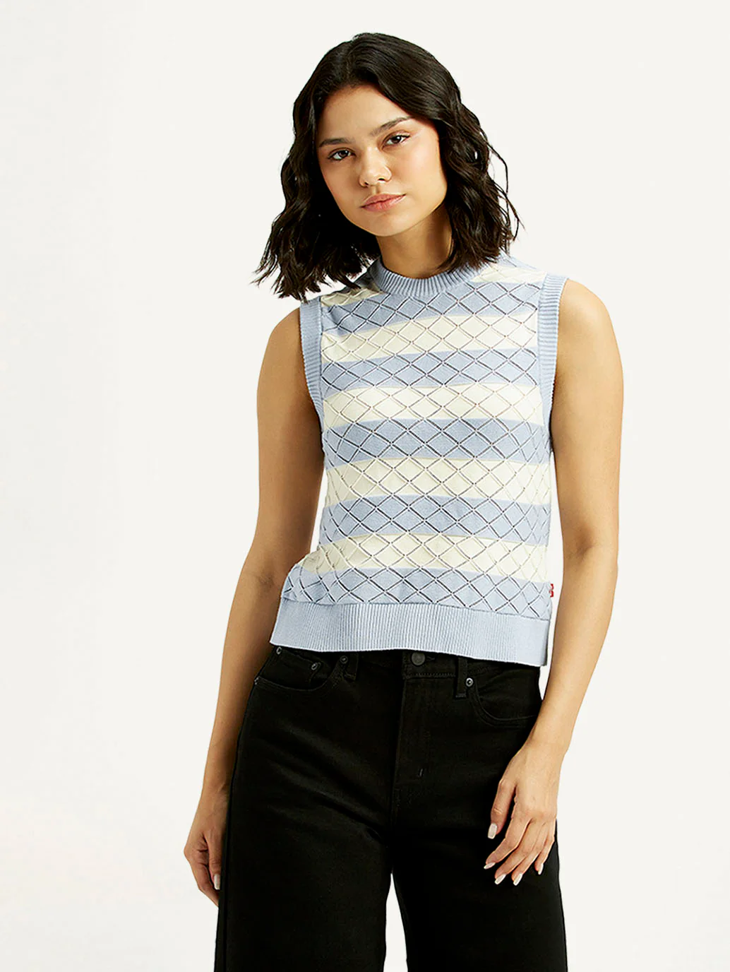 Women's Striped Light Blue Crew Neck Sweater Vest - Image 2