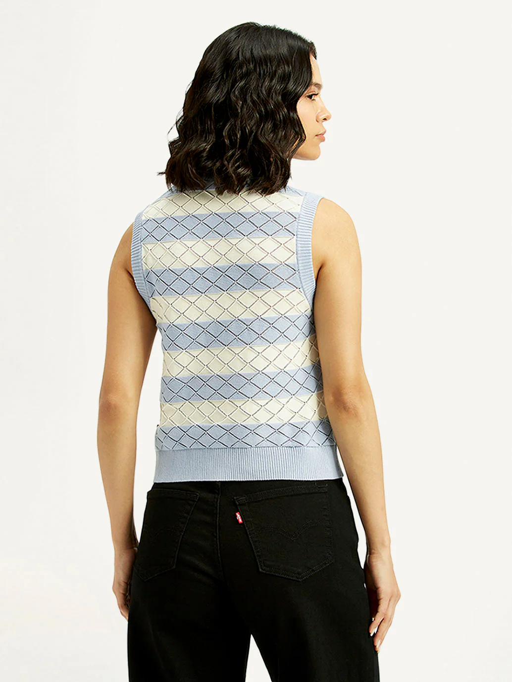 Women's Striped Light Blue Crew Neck Sweater Vest - Image 3