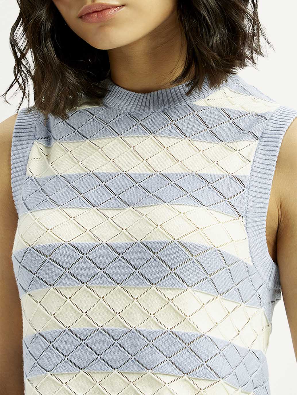 Women's Striped Light Blue Crew Neck Sweater Vest - Image 4