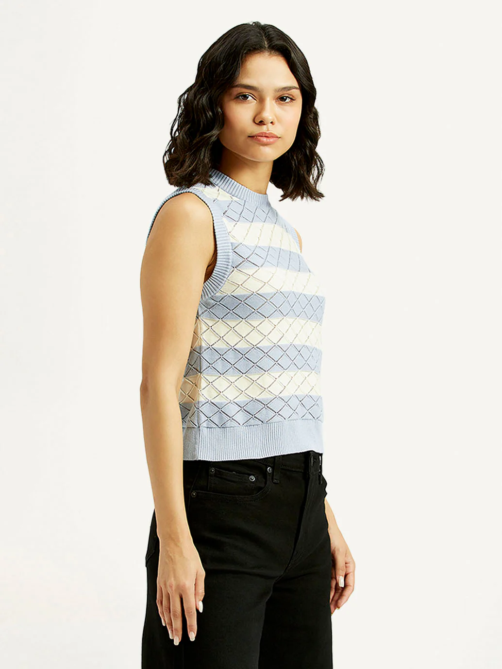 Women's Striped Light Blue Crew Neck Sweater Vest - Image 5
