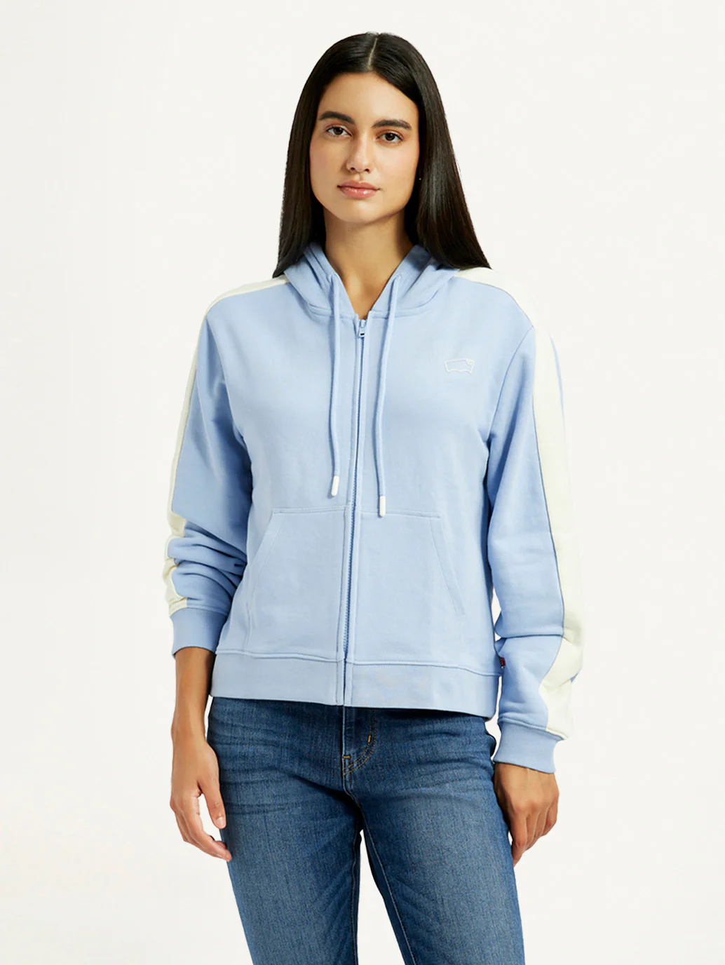 Women's Striped Light Blue Hooded Sweatshirt - Image 2