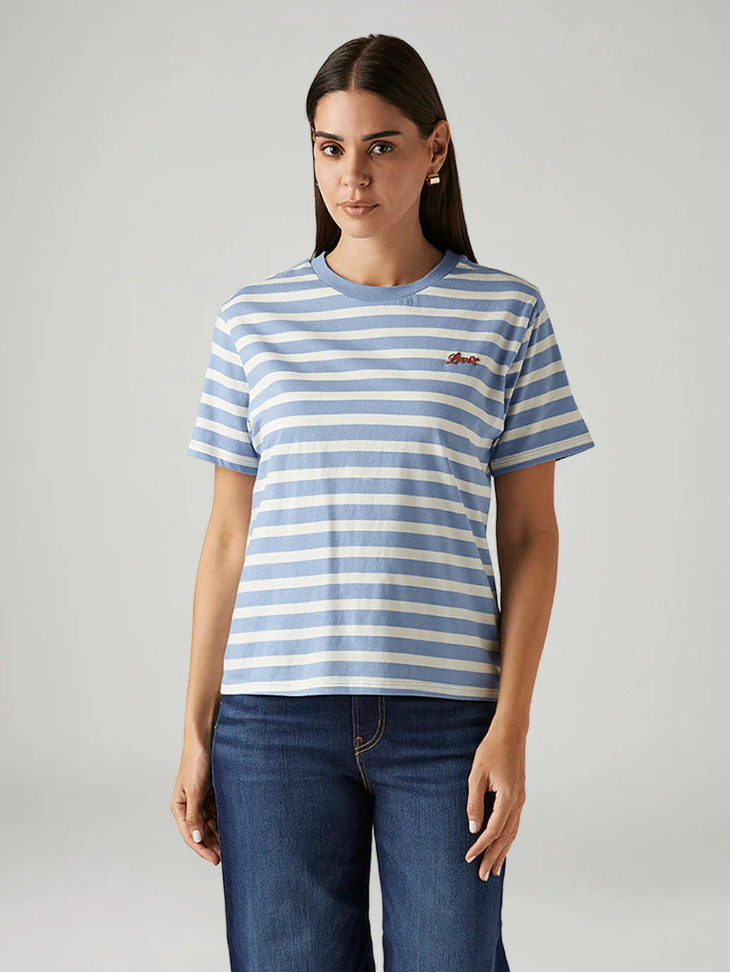 Women's Striped Light Blue Relaxed Fit T-shirt - Image 2