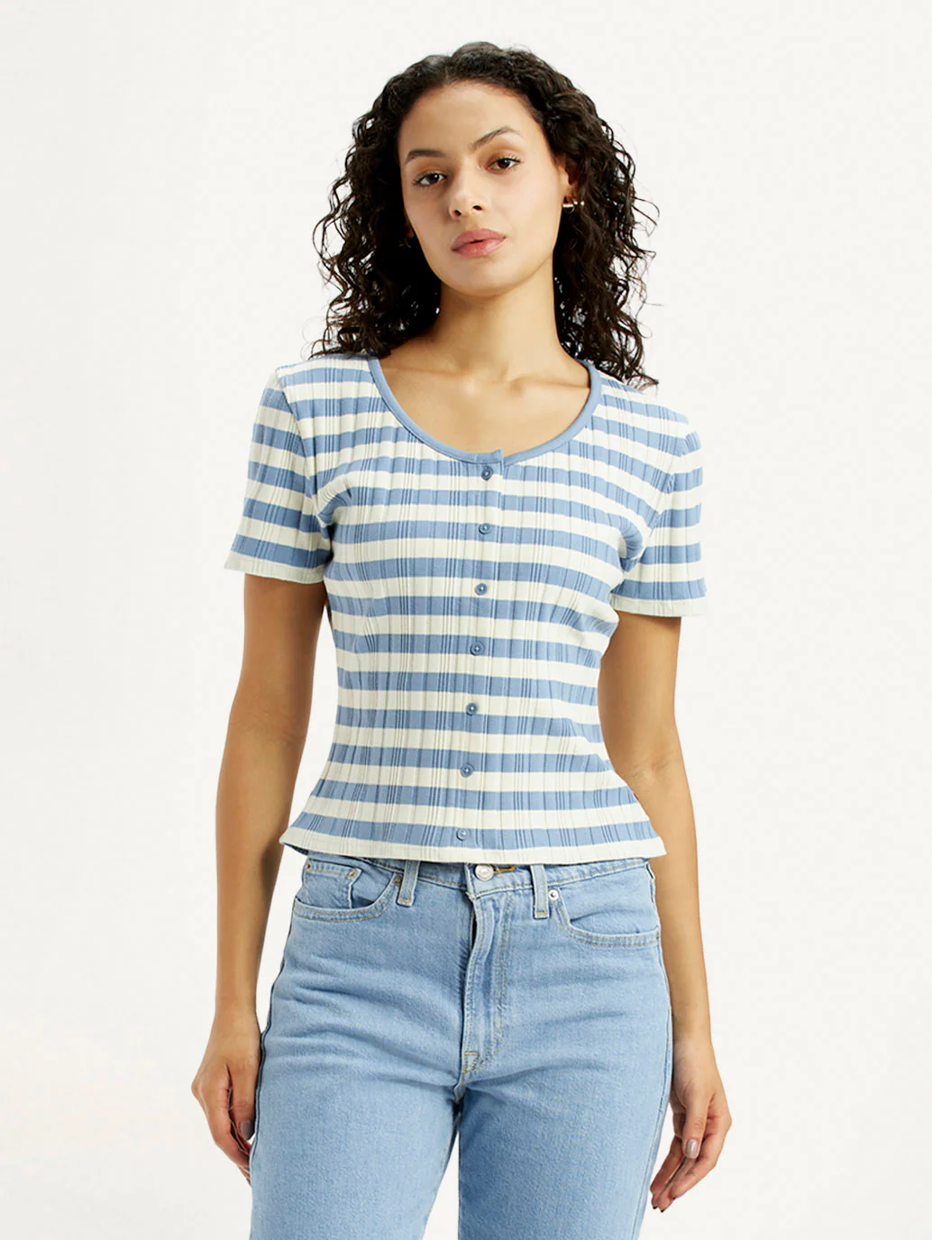 Women's Striped Light Blue Scoop Neck Top - Image 2