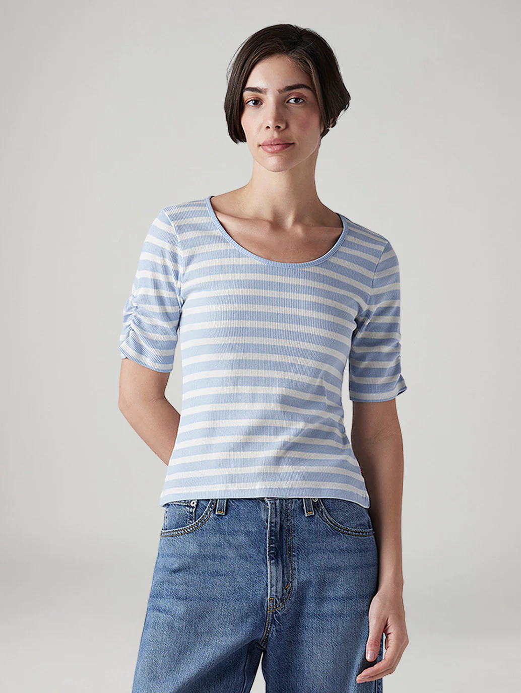 Women's Striped Light Blue Scoop Neck Top - Image 2